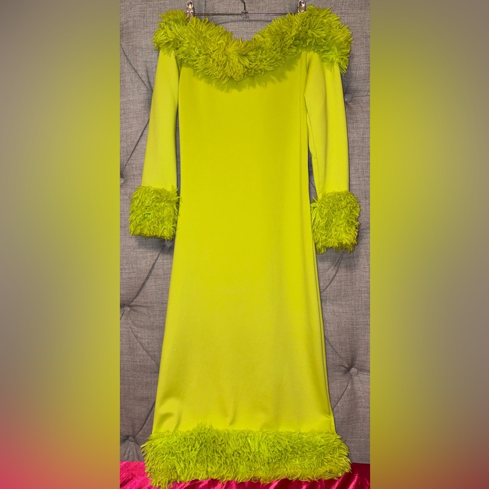 Assymetrical Off The Shoulder Grinch Inspired Faux Fur Lined Midi Dress